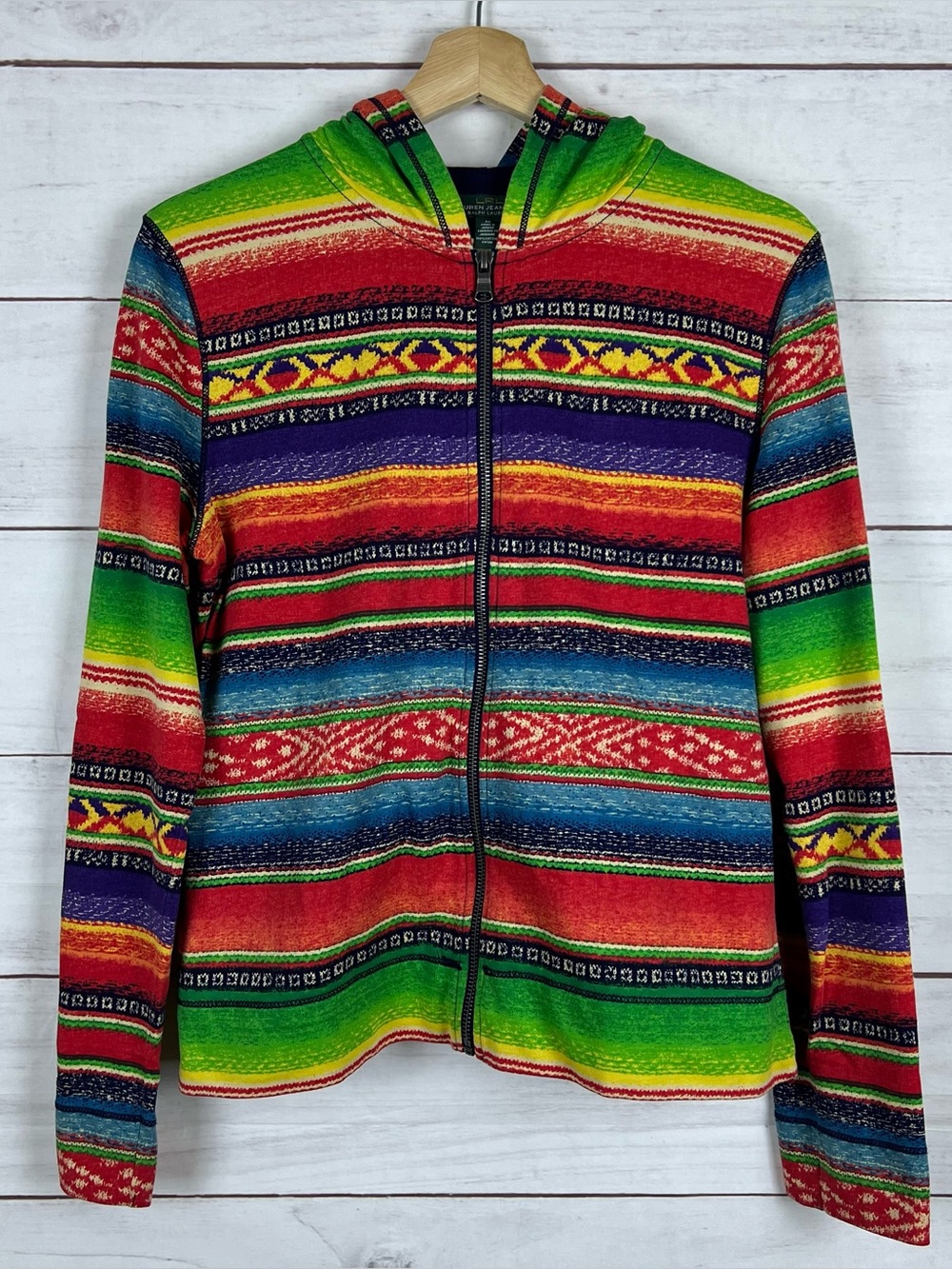 Ralph Lauren LRL Jeans Size Medium Boho Serape Aztec Zip Up Hoodie Jacket Cotton
